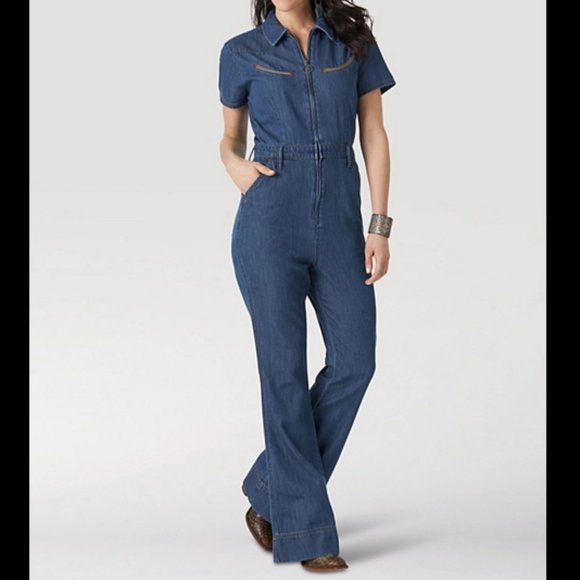 Wrangler Blue Denim Flare Jumpsuit - Picture 10 of 16